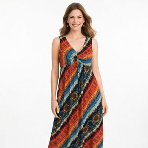 Chicos Sunflower Maxi Dress Womens 2 Large Sleeveless Batik Hippie Boho Artsy